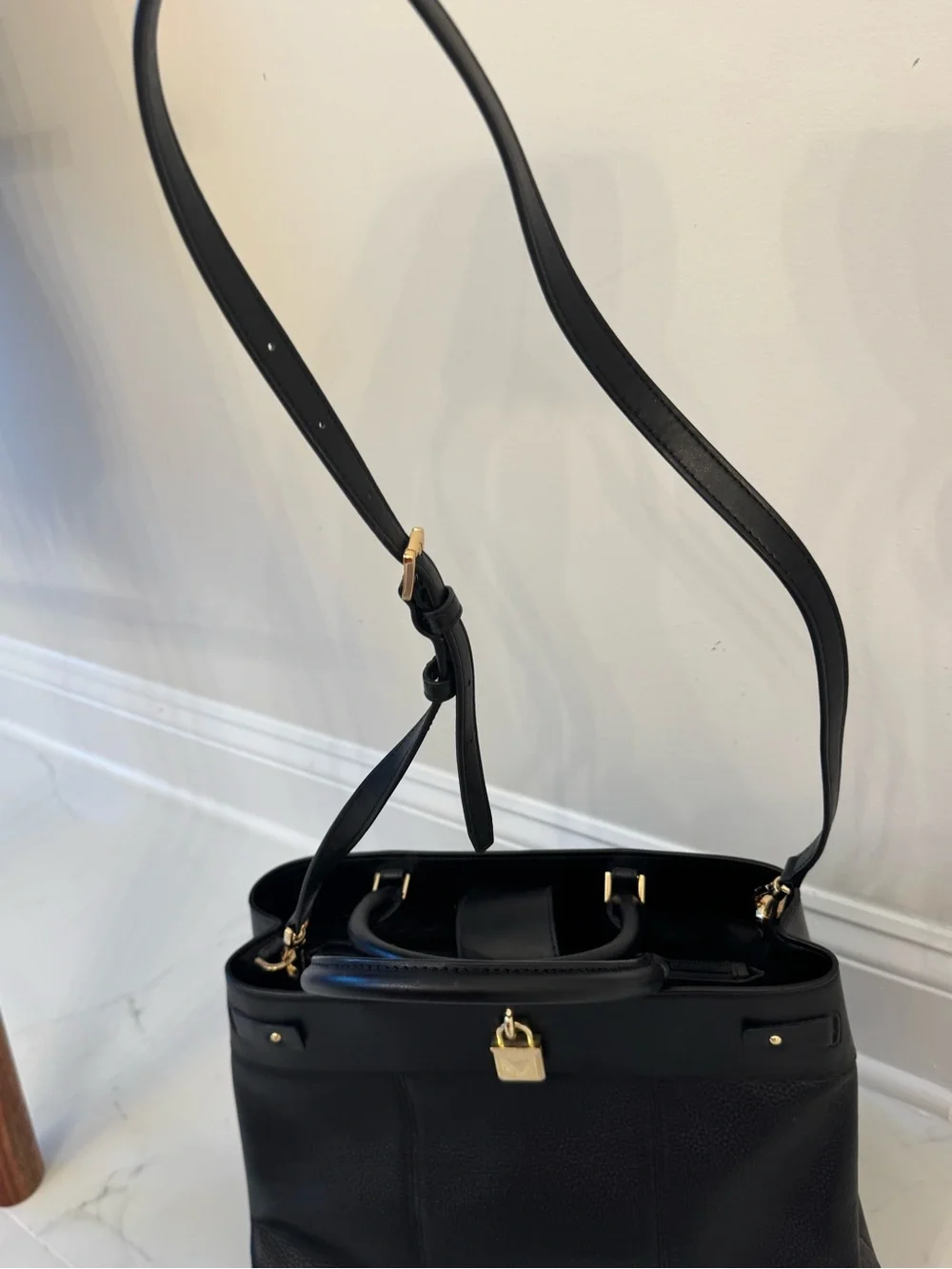 Michael Kors Black Structured Satchel Crossbody Bag Gold Hardware